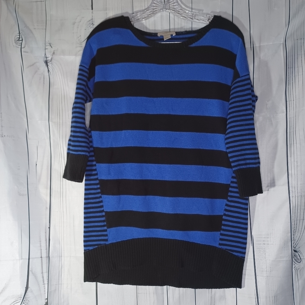 LOFT blue and black striped 3/4 sleeve preppy casual 100% Cotton sweater